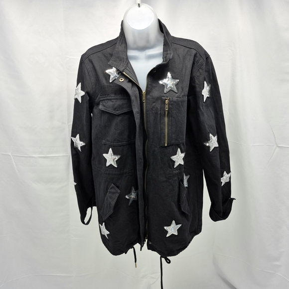 Buddy Love Jackets & Blazers - Buddy Love Black Sequin Star Military Utility Jacket Cotton Canvas Parker Cargo
